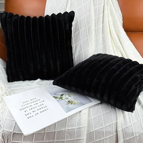 18x18 Throw Pillow Covers Set of 2, Decorative Faux Fur Covers for Bed, Couch Soft Fluffy Pillow Cover with Velvet Back for Living Room, Neutral Home Décor Accent for Sofa - Black