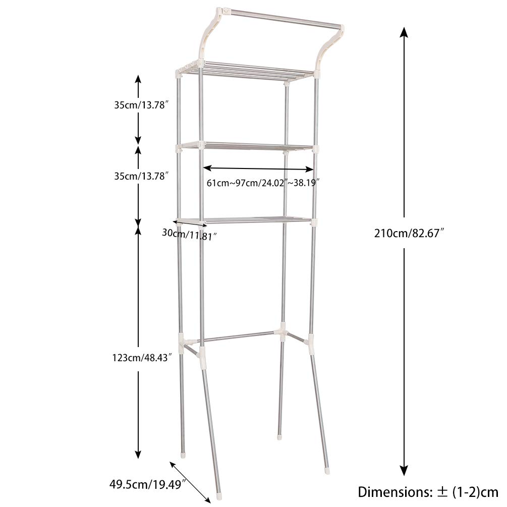BAOYOUNI 3 Niveles Estantería para la Lavadora Metal Estante de Almacenamiento para Baño sobre Inodoro, Ahorra Espacio, Ajustable Ancho, 61-97 x 49,5 x 210cm, Color Marfil