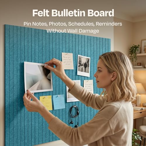 Image of X-Large Cork Board Alternative 12-Pack Felt Bulletin Board Thick and Decorative Pin Board for Home Office Walls 47.24 x 35.43 Inches with 72 Adhesive Tabs - [Light Turquoise]