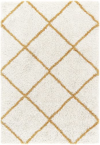 Image of Square Shaggy Fur Rugs and Carpet for Bedroom, Living Room (7x7 Feet Square, Ivory & Gold)