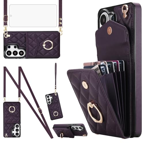 Asuwish Phone Case for Samsung Galaxy S26 Ultra 5G Wallet Cell Cover with Screen Protector Crossbody Wrist Strap Ring RFID Blocking Card Holder S26Ultra 26S S 26 26Ultra SM-S948U Women Men Dark Purple