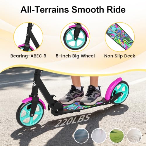 Image of SIMATE Kick Scooter for Kids Teens & Adults, 4 Adjustable Heights, 8IN All Terrain Big Wheels, Foldable and Lightweight, Gifts for Girls Boys