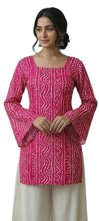 Image of MAHIRA'S Comfort Women's Short Kurti, Rayon Tunic Top with 3 /4 Embroidered Designer Sleeves | Soft Breathable Fabric | Office & Casual Kurti for Jeans, Leggings & Trousers