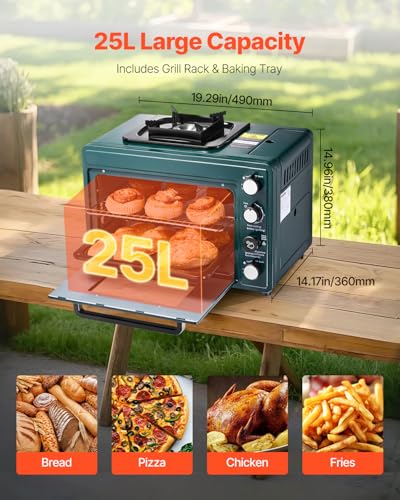 Image of VEVOR Outdoor Camping Oven, 2-in-1 Portable Gas Camping Stove Oven Combo, Adjustable Fire, 60-Minute Timer, Windproof, for Camping Backyard Picnic Outdoor Cooking, Universal Butane Canister Compatible