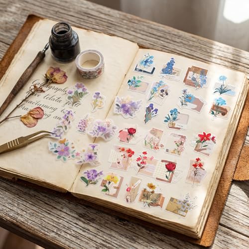 Image of Pengxiaomei 210 Pieces Flower Stickers, Scrapbooking Stickers Self-Adhesive Bible Flower Scrapbooking Supplies Journal for DIY Craft, Planners, Journal, Notebook Card