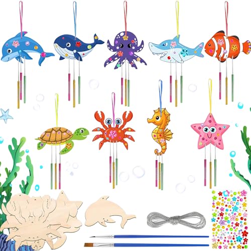 Graplan 49 Stück Meertier Windspiel Bastelset Kinder Ozeantiere Windspiel Holz Meer Bastelset Kindergeburtstag DIY Windspiel Basteln Holz zum Bemalen für Kinder Mädchen Junge