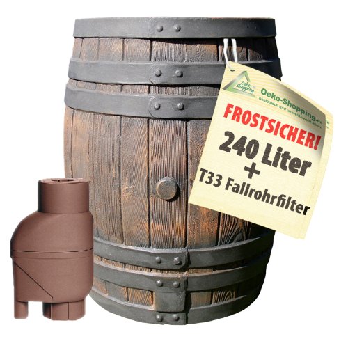 REGENTONNE EICHENFASS 240L m. REGENSAMMLER T33, das REGENFASS m. REGENFILTER zur AUTOMATIK-BEFÜLLUNG, fühlbare Holzstruktur in sehr schönem Holz-Design, täuschend-echte Holzstruktur