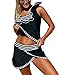Elapsy Womens Stripe Print Ruffle One Shoulder Tankini Top And Black Pantskirt Swimsuit XX-Large