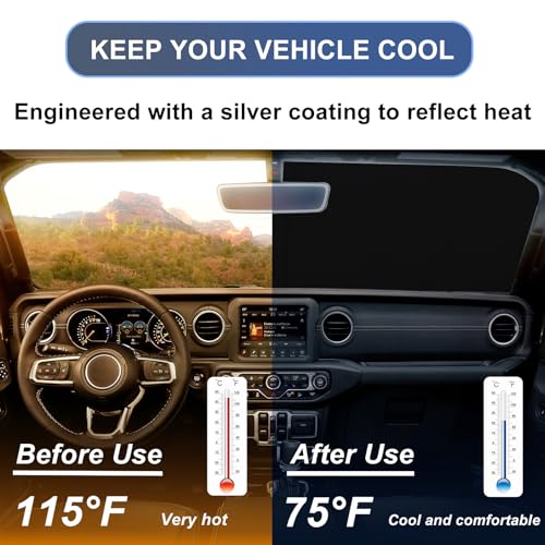 Image of Windshield Sun Shade for 2018-2026 Jeep Wrangler JL JLU & 2020-2026 Gladiator JT, 310T Polyester Foldable Front Window Shade Cover, Full Coverage UV Heat Blocker, Keep Interior Cool