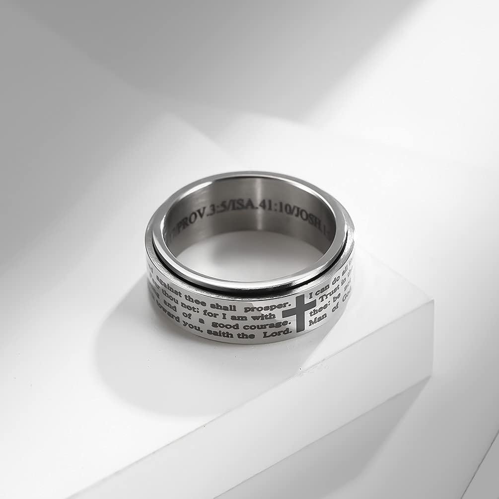 8MM Stainless Steel Bible Verse Christian Lord's Prayer Cross Ring Spinner Wedding Bands for Men Women