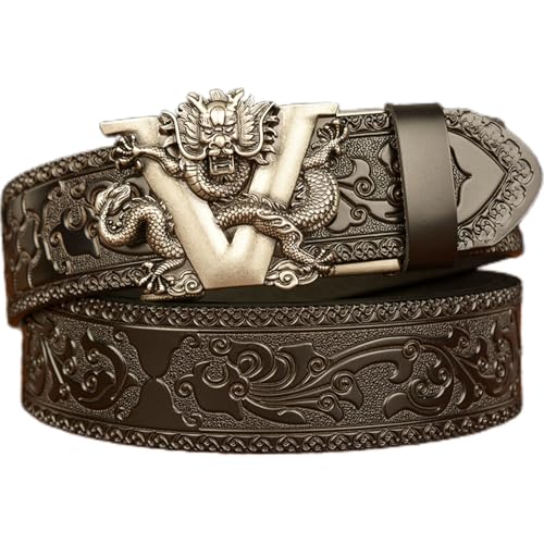 Designer Belts for Men, Genuine Leather Ratchet Dress Belt with Retro 3D Dragon Sliding Automatic Buckle