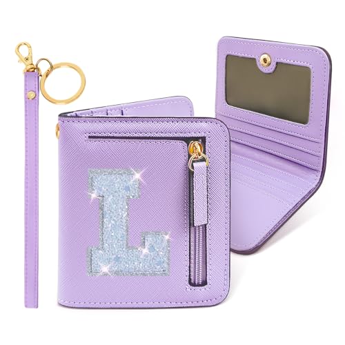 Image of COSHAYSOO Initial Wallet RFID Small Bifold Slim Letter Wallet for Women Teenager Girls Travel Daily Necessities Credit Cards Money Cash Coin Organizer, Purple, Compact, L