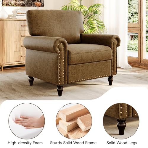 Image of Nailhead Trim Accent Chair,Faux Leahter Mid Century Modern Living Room Arm Chairs,Comfy Bedroom Reading Chair for Adults,Cozy Single Sofa Corner Side Room Chair,Vintage Brown