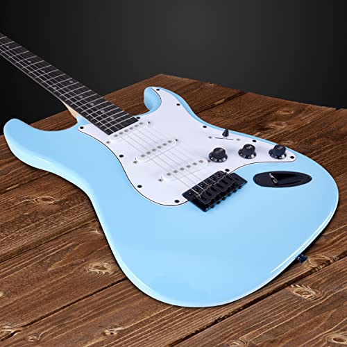 Image of LyxPro 39 inch Electric Guitar Kit Bundle with 20w Amplifier, All Accessories, Digital Clip On Tuner, Six Strings, Two Picks, Tremolo Bar, Shoulder Strap, Case Bag Starter kit Full Size - Retro Blue