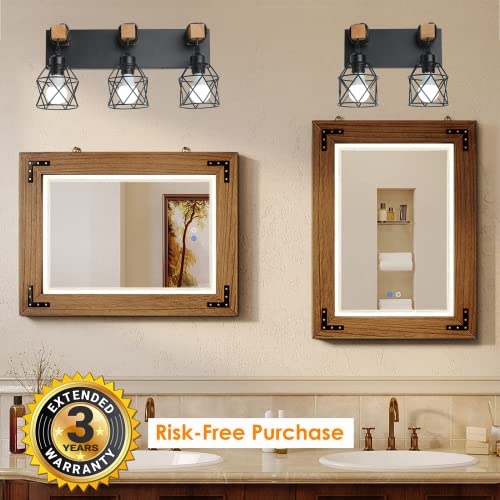 Farmhouse Vanity Light Fixture,3-Light Bathroom Lighting,Black Industrial Wood Wall Light Over Mirror With Metal Shade,Led Bulbs Included #TOP3