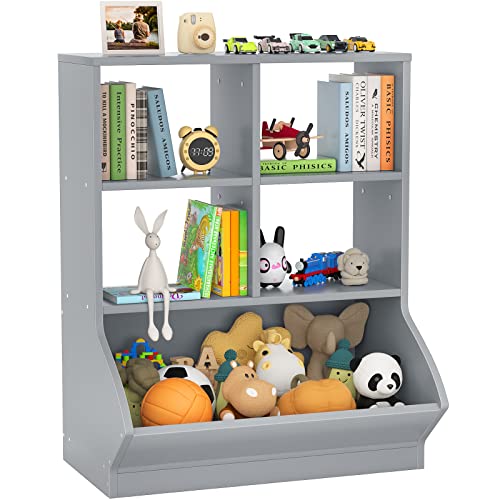 Image of Aheaplus Toy Storage Organizer with Bookcase, 5 Cubby Bookshelf Toy Storage Cabinet, Open Multi-Bins Toys&Books Storage Display Organizer for Playroom, Bedroom, Living Room, Grey