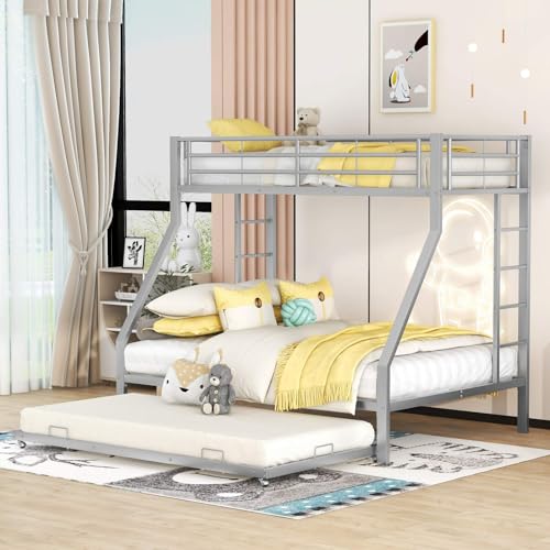 Sweiko Lit Superposé Méta Cadre de Lit Double avec Support à Lattes et échelle, pour Adolescents(sans Matelas) (Argent)