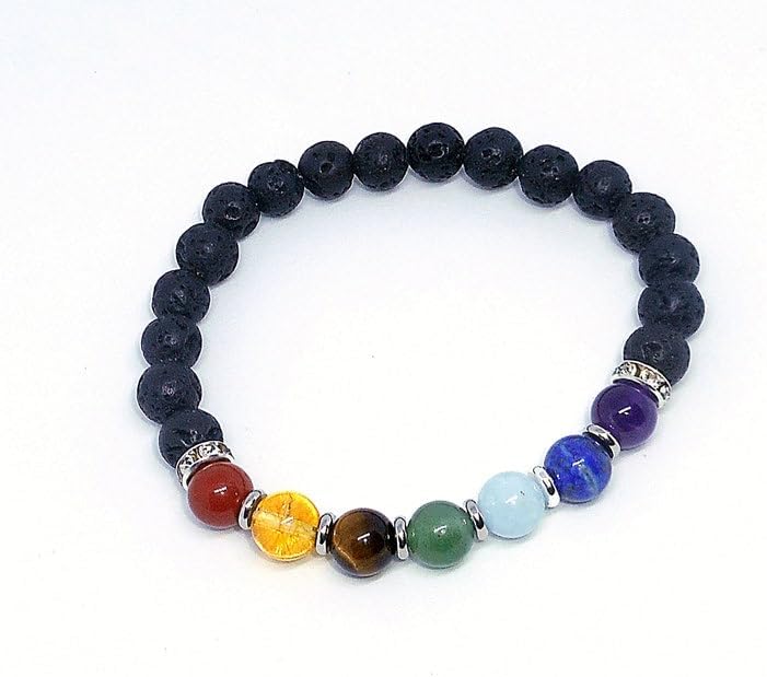 Natural 7 Chakra Stone & Black Lava 8mm Round Shape Smooth Cut Beads Stretchable Bracelet For Men & Women. Unisex Bracelet For Healing, Meditation, Prosperity & Luck|HS_Stbr_00031