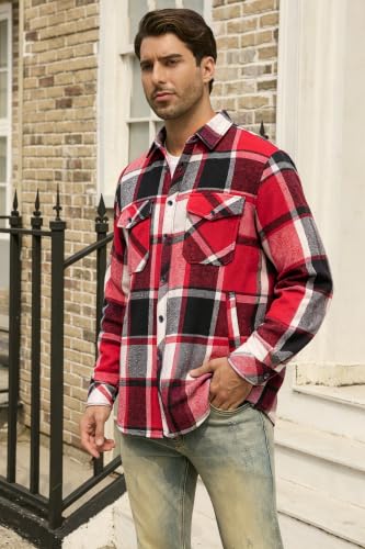 Image of Cromoncent Mens Boys Thick Flannel Shirt Long Sleeve Shirt Jacket Casual Button Down Multi Pockets Shacket