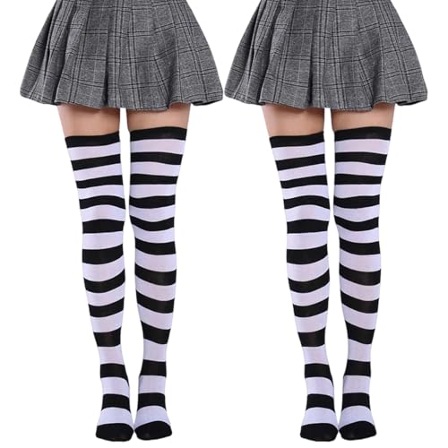 FveVqe 2 Pairs Black and White Striped Socks, Knee High Striped Socks for Women for Gothic Fashion Accessories, Cosplay Costume Essential, Halloween Christmas Party Outfit
