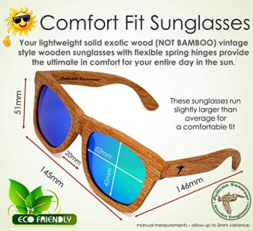 Pelican Sunwear Wood Sunglasses | Polarized | Vintage Wooden Frame | 100% Uva/Uvb Protection | Bamboo Case | Men And Women (Natural Wood Frame, Emerald Green) #TOP4