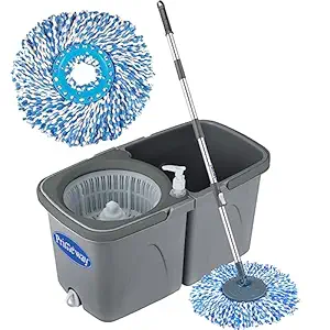 Primeway Double Bucket 360 Rotating Spin Floor Cleaning Mop with Clean and Dirty Water Separator with 2 Microfibre 38cm Refills, 6 LTR, Grey