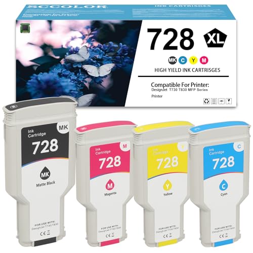 728 Ink Cartridges Compatible for HP 728 Ink Cartridge for F9J68A F9K17A F9K16A F9K15A DesignJet T830 MFP & T730 Large Format Plotter Printers (300-ml Matte Black,130-ml Cyan Magenta Yellow 4 Pack)