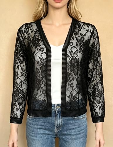 Image of FindThy Women's Casual Summer Lace Cardigan Open Front 3 /4 Sleeve Solid Lace Shrug Cover Up