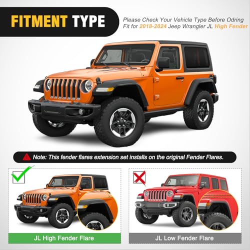 Image of Nilight Fender Flares Extensions Set fit for 2018 2019 2020 2021 2022 2023 2024 2025 2026 Wrangler JL and JLU Unlimited 2 /4 Doors (Only for High Wheel Arches) Off-Road Widened Front Rear Flat 4 PCS