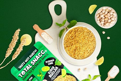 Image of TOTAL SNACC Roasted Bhujia Pudina Lime (125g x 2 Packs) | High Protein 19g, High Fibre 12g | 70% Less Oil | No Palm Oil | Baked Bhujiya | Healthy Namkeen | High Protein Snacks | Diabetic Friendly | Millet Bhujia | Low Calorie