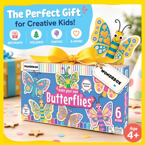 Image of WONDRBOX Butterfly Making Craft Kit for Kids | DIY Arts and Crafts Kit for Girls & Boys Ages 5-12 Years Old | Includes 6 Butterfly Cutouts & 150+ Colorful Stickers | Creative Educational Learning Toy & Birthday Gift