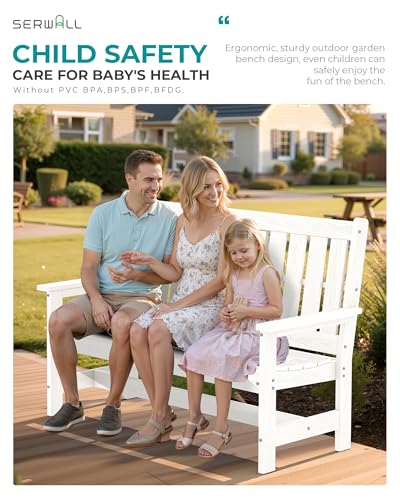 Image of SERWALL HDPE Outdoor Bench with Cup Holder Oversized 58 inch Porch Bench, White