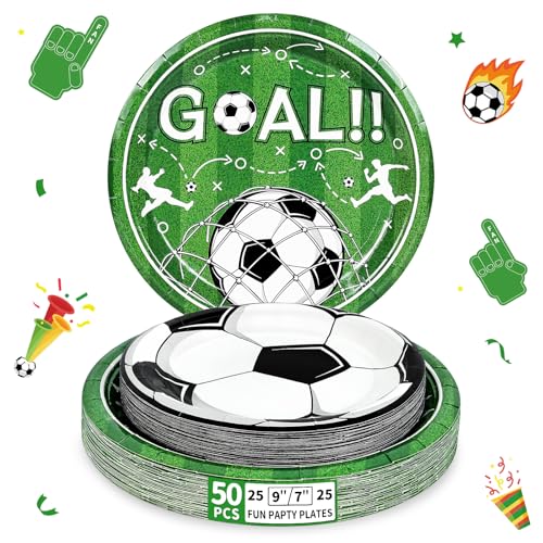 LANLISA 50 Pcs Soccer Paper Plates 25-9 & 25-7 Soccer Disposable Cake Dessert Plates For Soccer Birthday Party Decorations World Sports 2026