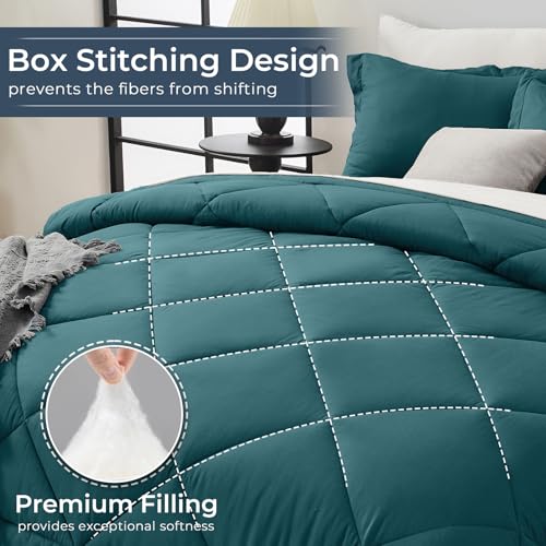HEVUMYI Full Comforter Set - 7-Piece All Season Bed in a Bag Full, Ultra Soft Bedding Set with Comforter, Flat Sheet, Fitted Sheet, Pillowcases, Pillow Shams, Peacock Blue & Ivory