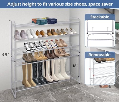 Image of KEETDY 3-Tier Long Shoe Rack for Closet Metal Shoe Organizer for Entryway, Wide Stackable Shoe Storage Shelf with Sturdy Wire Grid for Closet Floor, Bedroom, Grey