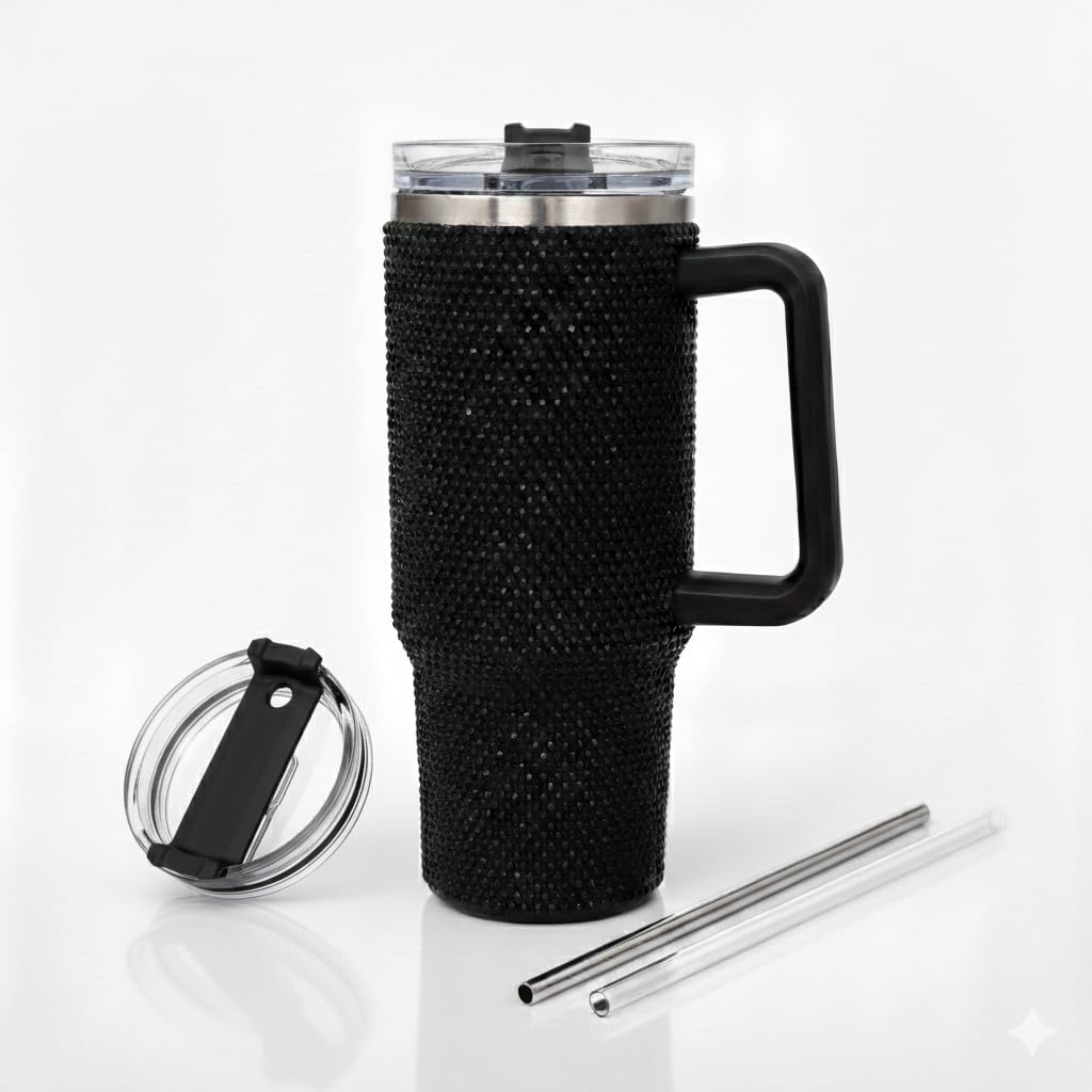 THIRSTEE 40 oz Rhinestone Tumbler – Black Sparkle Water Cup with Lid & Straw – Double Wall Insulated Stainless Steel Travel Mug with Handle, Leak-Proof for Hot & Cold Drinks