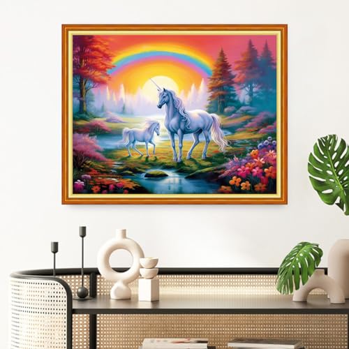 Image of Redxing Stamped Cross Stitch Kits Full Range of Embroidery Starter Kits- Needlepoint Counted Cross Stitch Kits for Beginner Adults 11CT Printed Embroidery Kit-Rainbow Unicorn 16x20 inch