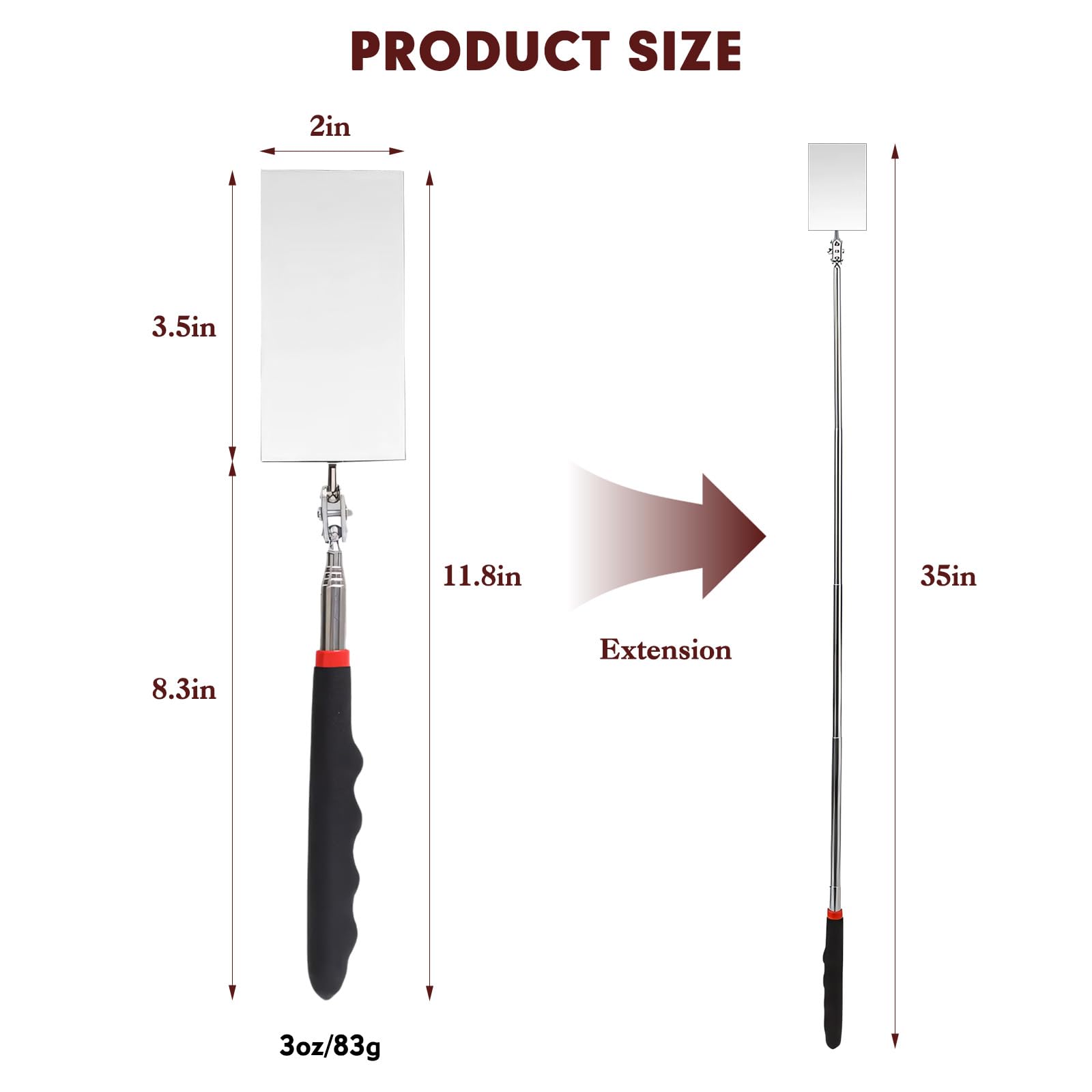 12-35 Inch Extendable Inspection Mirror, 360-Degree Rotation Inspection Mirror Telescoping, Telescoping Mirror for Mechanic Checking Vehicle and Extra Viewing