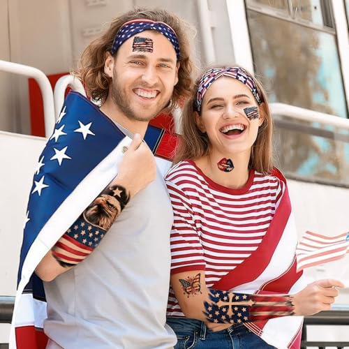 Image of 77 Sheets Independence Day Temporary Tattoos, USA Flag Patriotic Waterproof Fake Tattoos, Red White and Blue Party Supplies Tattoo for 4th of July Memorial Day, Veterans Day Tattoos