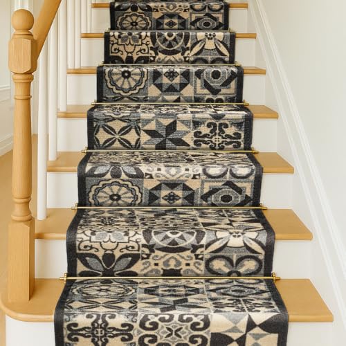 Bravich RugMasters Tiles Grey Rubber Backed Non Slip Machine Washable Very Long Hallway Hall Runner Narrow Rugs Custom Length Stair Mats 2'2"x8'FT (66x244cm)