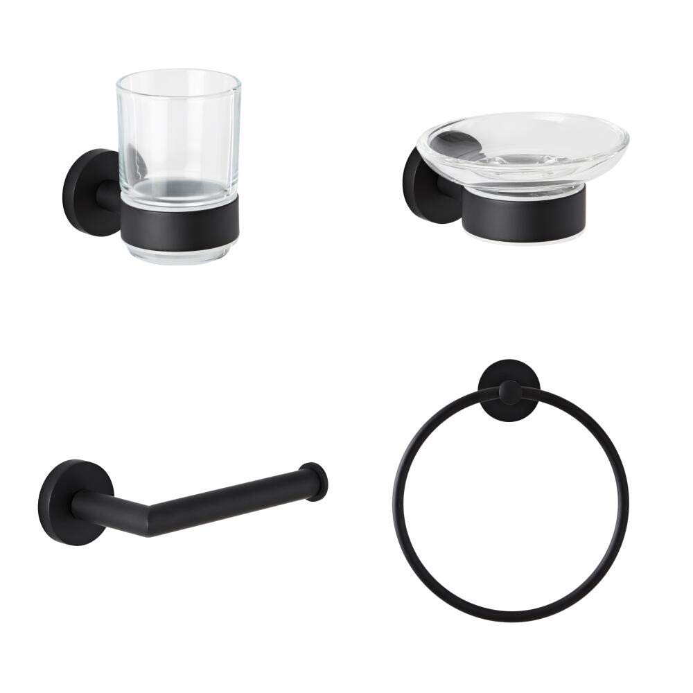 Milano Black Nero 4 Piece Bathroom Accessory Set Toilet Roll Holder Towel Ring Tumbler Soap Dish