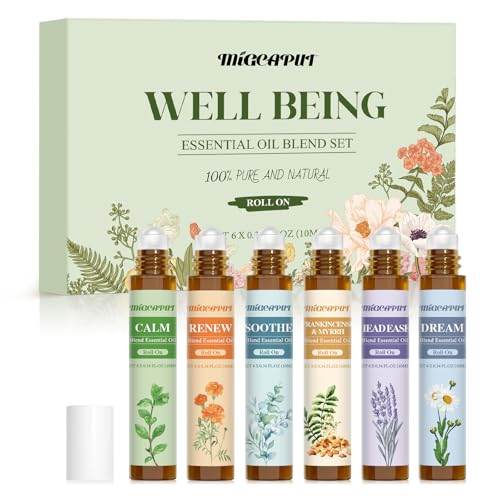 MIGCAPUT Set di Oli Essenziali Roll-On 6 x 10ML, Olio Essenziale Profumato Naturale Pronto All'uso per Uso della Pelle, Polsi, Dietro le Orecchie - Calma, Lenire, Bel Sogno, Incenso & Mirra