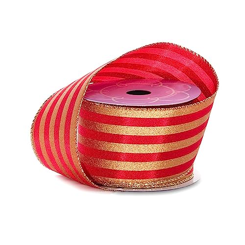 Image of Red Gold Striped Satin Ribbon - 2 1 /2 inch x 10 Yards, Wreath, Gift Wrap, Wedding Centerpieces, Vase, Bouquet, Streamers, Bows, Fall, Christmas, Valentine's Day