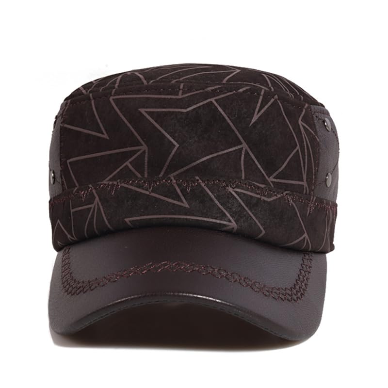 Berretti Piatti in Pelle Cappello Militare Militare Caldo Regolabile Uomo Gioventù Lingua D'Anatra Cappelli for papà Stampa Geometrica(Schwarz,XL 57 58cm)