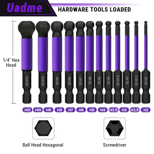 Uadme Ball End Screwdriver Bits Set, 12Pcs S2 Steel Magnetic Allen Key Bit 1/4 Inch Hex Shank - Image 2