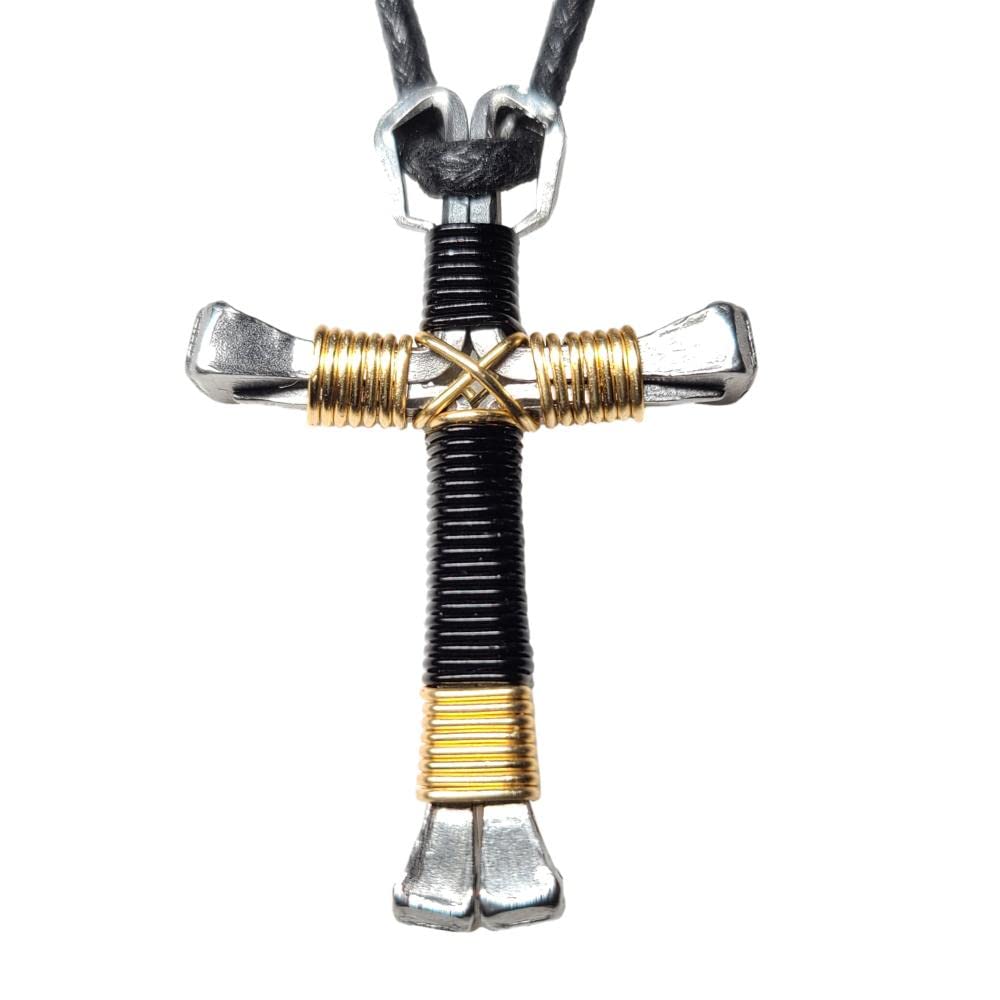 Sport Black & Gold Horseshoe Nail Cross Necklace