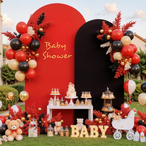 Image of Red Black Arch Backdrop Cover for Wedding, Set of 2 Stretchy Spandex Fitted Arch Stand Cover for Baby Shower, Birthday Party Decor, Chiara Backdrop Cover with Double-Sided Design(7.2FT 6FT)