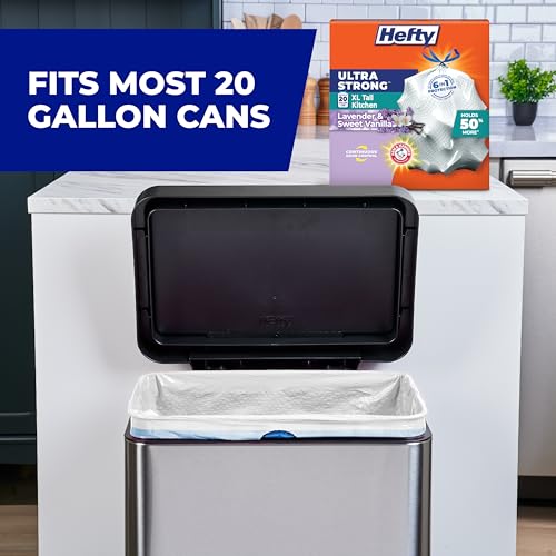 Image of Hefty Ultra Strong 20 Gallon Trash Bags, XL Tall Kitchen Trash Bags 20 Gallon Size, Drawstring Closure, Continuous Odor Control, White, Lavender and Sweet Vanilla Scent, 80 Bags