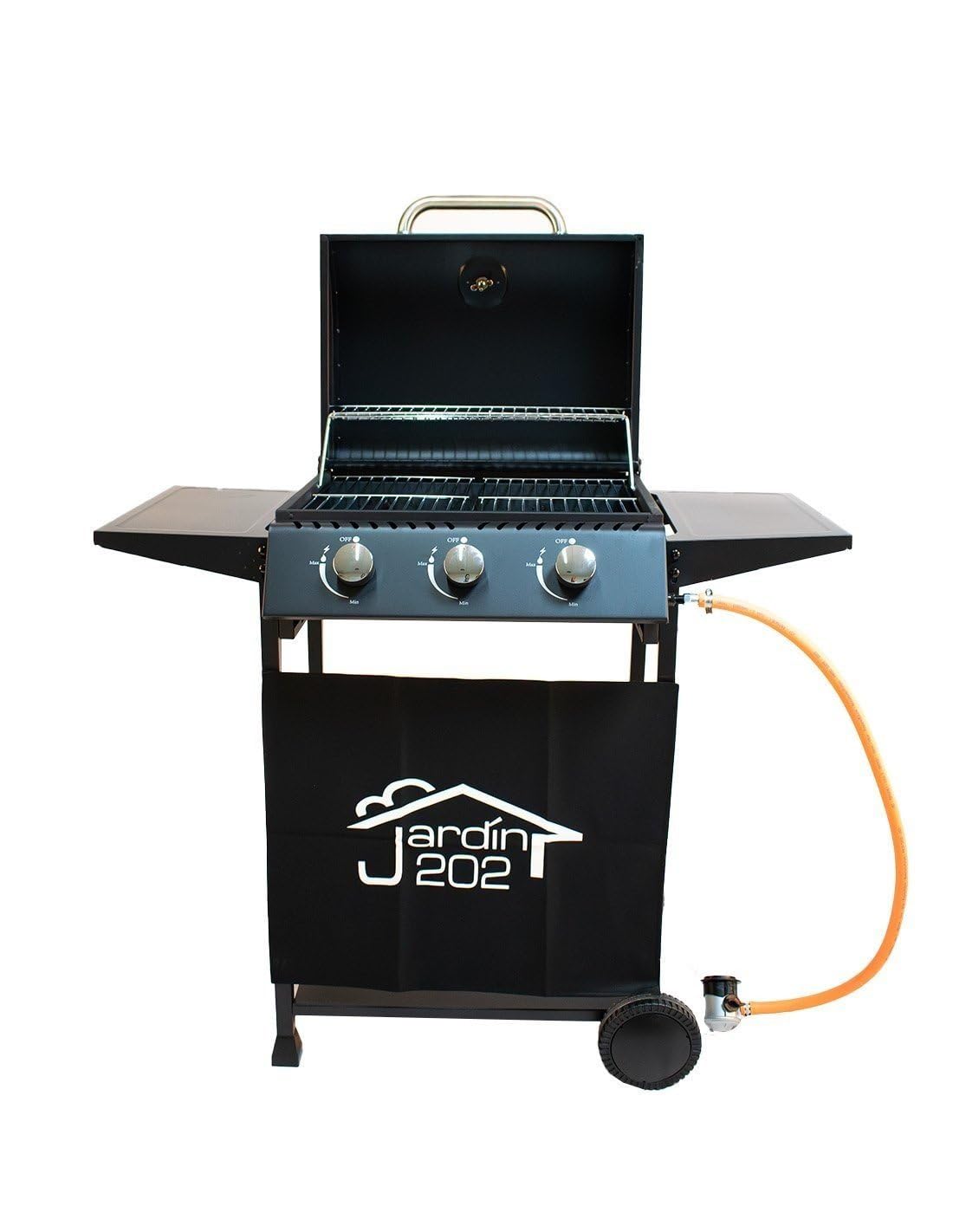 JARDIN202 - Barbacoa Gas Alaska 3 Quemadores | Parrilla Gas con Tapa y Ruedas | Termometro | Mesas Auxiliares Plegables | (Negro)