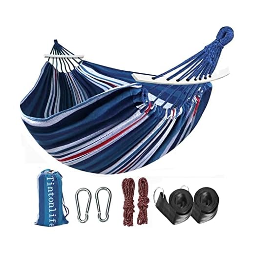 Tintonlife Brazilian Double Hammock 2 Person Canvas Cotton Hammock for Patio Porch Garden Backyard Lounging Outdoor,Indoor Blue/White Stripe Hammock
